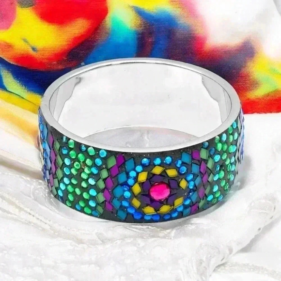 Y2K Artisan Handmade One-of-a-Kind Crystals & Rhinestones Mosaic Bangle Bracelet - Picture 10 of 13